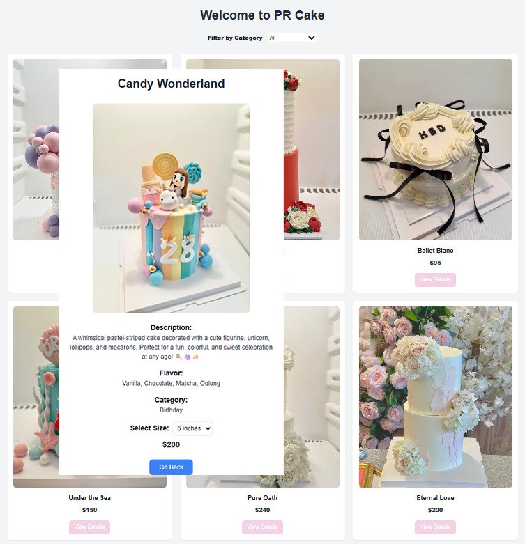 PR Cake online store catalog page and detail page showing multiple cake products and a cake item